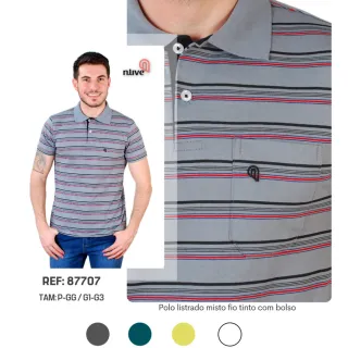 Manga Curta Camisa Polo Listrada Bolso Fio Tinto 30.1 Misto - Branco