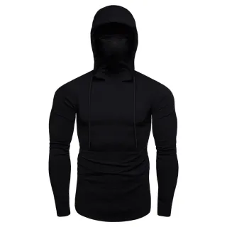 Camisa Esportiva Masculina de Botão com Capuz e Manga Comprida - Preto