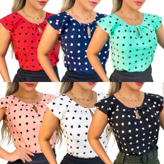 Coração Estampa Social Feminina Blusinha Crepe - Branco