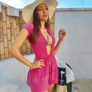 Tricô Aberto com Babado: Saída de Praia Feminina - Pink