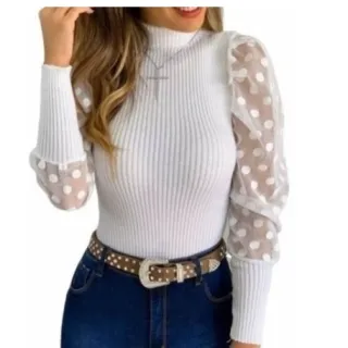 Blusa Tricô Manga Longa Gola Alta Tule Poá - Branco/Off
