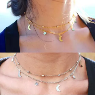 Short Necklace Women Double Moon Stars Simple - Silver