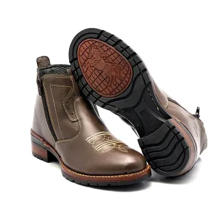 Bota Texana Masculina Couro Legítimo Zíper Cano Curto Sola Costurada