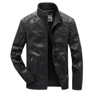 Jaqueta masculina moderna resistente em couro sem capuz - Preto