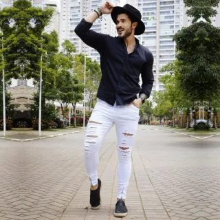 Calça Skinny Masculina Branca com Zíper - Modelo bAllAd - 36