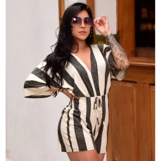 Modinha Curto Feminino Listrado Macaquinho - Branco com Verde