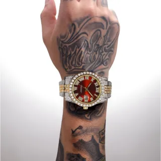 Relógio de pulso masculino luxuoso com diamantes e calendário - Presente perfeito para homens - Ouro e Verde