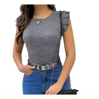 Blusa Feminino Babado Girassol Regata Canelada - Azul Petroleo