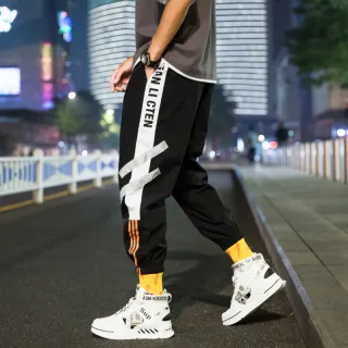 Homme Calças Corredores Baggy Faixa Color Block - black and white