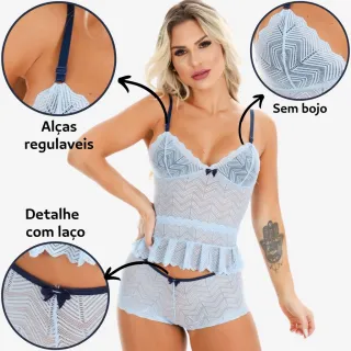 Atacado Baby Doll Feminino de Renda - Pijama Sexy Short Doll - Azul Marinho