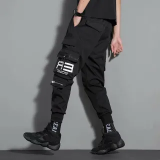 Street Hip-Hop Calça Cargo Masculina com Fitas Impressas Casual - Preto