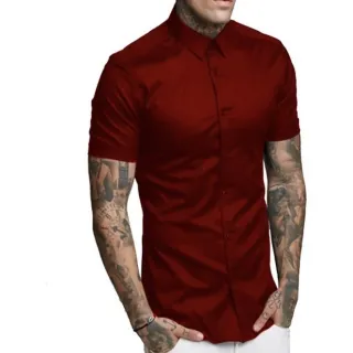 Manga Curta Camisa Social Lisa Masculina Slim Fit - Camisa Azul Marinho