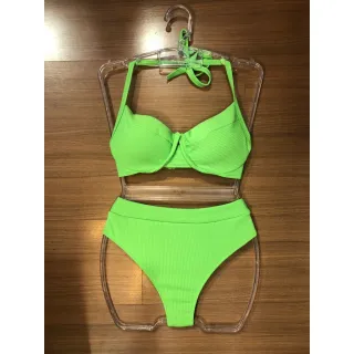 Moda Praia Verão Biquini Canelado Meia Com Bojo Cintura Alta - Verde água