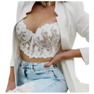 Festa Renda Bojo Alça Cropped Feminino - Preto