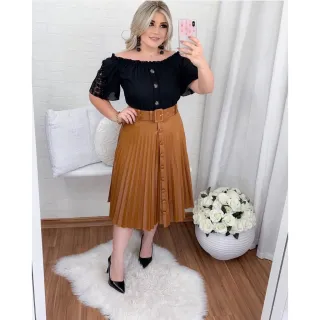 Evangélica Midi Saia Plissada Cirre com Cinto Botão Social - Rose