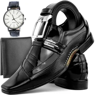 Cinto e Carteira + Relógio + Kit Sapato Social Em Couro Masculino - Preto