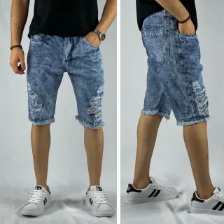 Short Destroyed Jeans Claro Preto Bermuda semLycra - Branco Destroyed