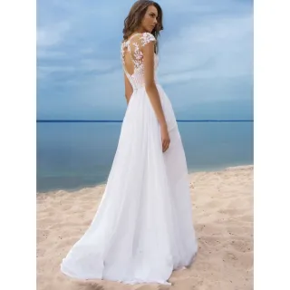 Maxi Vestido Branco Feminino de Renda Chiffon com Decote em V - Promoção - Branco