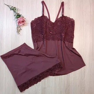 Pijama Short Doll Renda Conforto Sem Bojo Forrado - Baby Doll Microfibra - VerdeErvaDoce