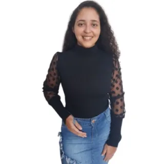 Blusa Tricô Manga Longa Gola Alta Tule Poá - Branco/Off