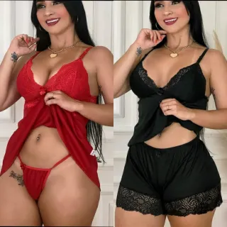 Camisola Feminina Sensual Kit 2 com Calcinha Fio/Short Doll - Raryel - 03