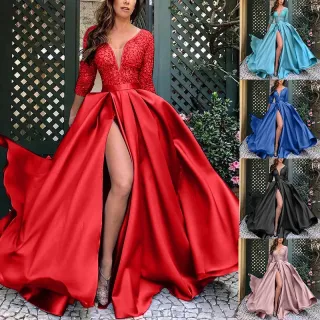 Vestido Elegante Vintage Vermelho em Cetim Longo para Festa/Casamento/Noite - Azul Escuro