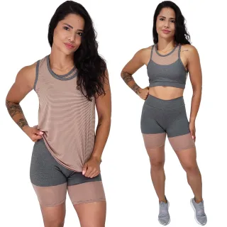 Roupa Academia Camiseta Regata Bermuda Fitness Top Bojo 3 Peças - Azul