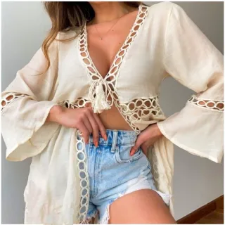 Quimono longo simples para piscina e banho - Saída de praia feminina - 3renda preto