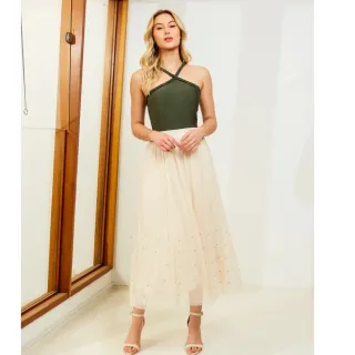 Moda Verão Saia Feminina Forrada de Tule Midi com Brilho - 3RD SD044 - Creme