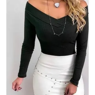 Blusinha Ombro a Ombro Canelada Manga Longa Frio Decote Em V com Bojo - Vinho