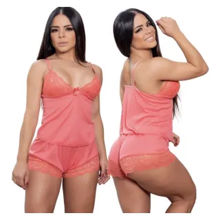 Baby doll rendado feminino sexy - Amarelo