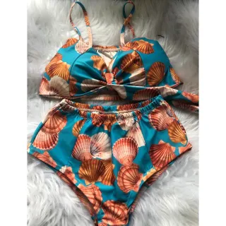 Feminino Biquíni Estampado Cintura Alta Laço Hot Pants CD033 - Listrado preto