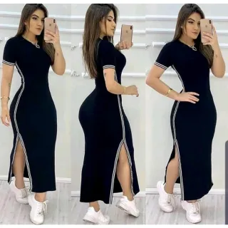 Feminino Vestido Manga Curta Longo Canelado Fenda Lateral - Vinho