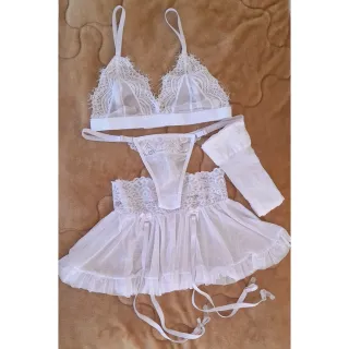Conjunto de Lingerie com Saia de Liga em Tule e Renda (Bruna) - PRETO COM PERSEX