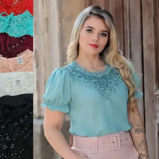 Blusinha Romântica em crepe de seda com renda gripir e pedraria - Modelo 2