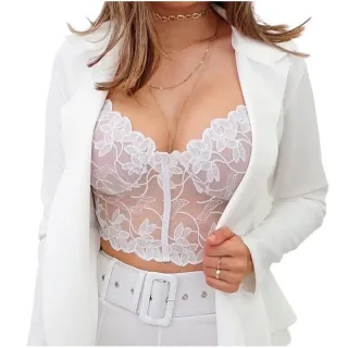 Top Cropped Nude com Renda - Fundo - Branco