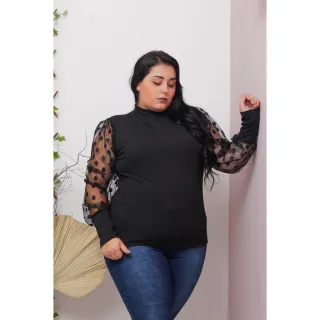 Manga Longa Plus Size Blusa Canelada Gola Alta Tule - Branco