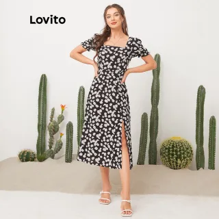 Vestido Lovito Casual Estampa Floral Gola Quadrada L11D32 (Preto) - Verde