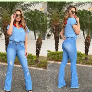 Cintura alta, calça jeans flare preta em várias cores - Branca
