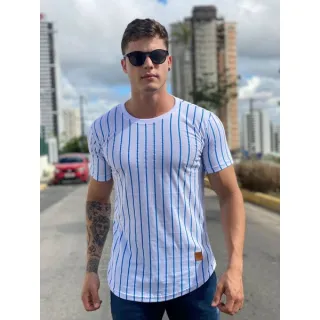 Camisa listrada masculina Longline, estilo swag em algodão penteado - PRETA COM BRANCO LISTRADO