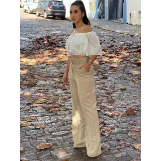 Promoção Calça Feminina Wide Leg Pantalona de Linho Social + Cinto - Bege