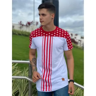 Camiseta Long Line Masculina Listrada - Promoção - Vermelho com branco infantil
