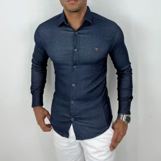 Camisa lisa social masculina manga longa slim em jeans elastano - Escuro