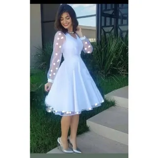 Vestido Festa Godê Branco Casamento Civil Tule Rodado - Rosa