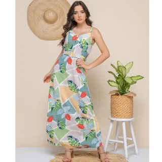 Lançamento primavera verão 2020-27: Vestido longo feminino estampado com bojo - 2020-09 Azul