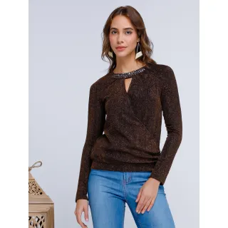 Blusa Lurex Manga Longa com Aplicações em Pedraria na Gola - Vermelho