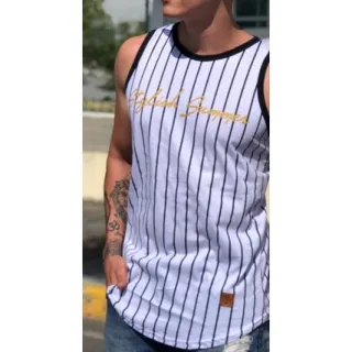 Lançamento: Camiseta Masculina Listrada Longline Oversized - Regata Preta listrada