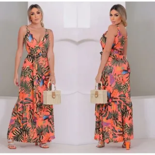 Estampado Longo Vestido Feminino Envelope Modelo - Laranja estampado