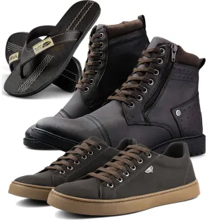 Chinelo Tiras Largas + Kit Bota Casual Perfuros e Sapatênis Masculino DHSHOES - Preto - Marrrom