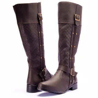 Bota Marrom Cano Alto Feminina com Zíper Lateral - Salto Baixo e Detalhes em Metal - Marrom